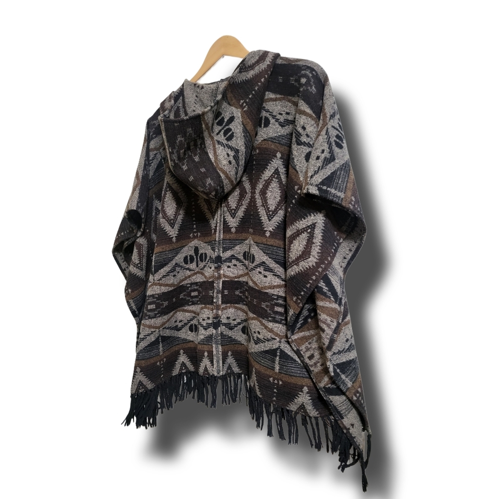 🌿Artisan Crafted Women's Medium Boho Hooded Cape Fringed Cardigan - Picture 9 of 11